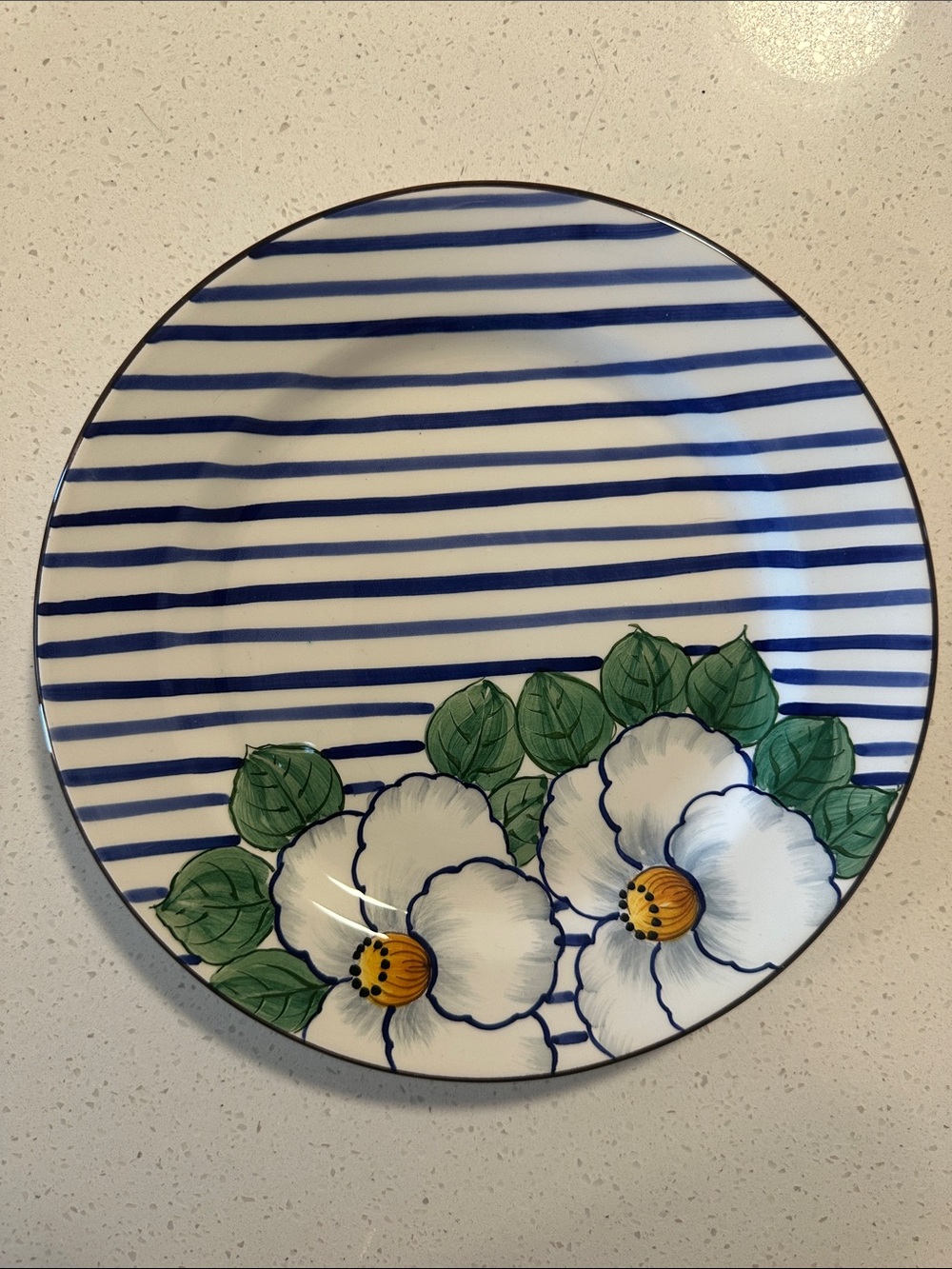 Tiffany Designs Blue & White Striped Floral Dinner Plate